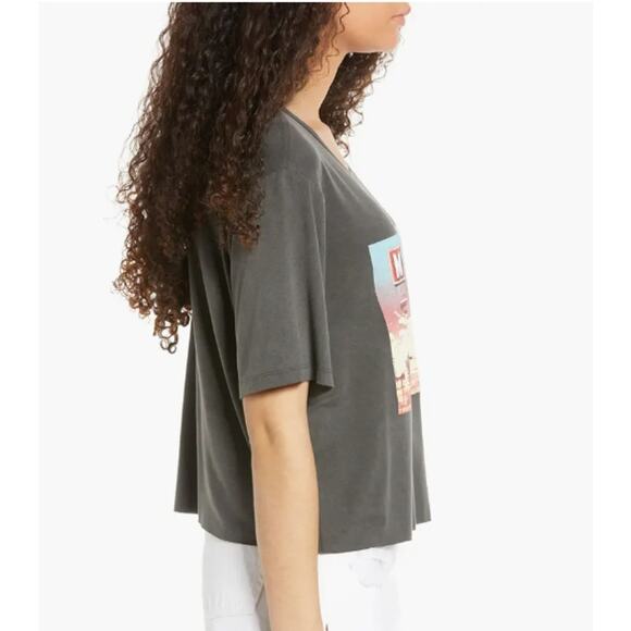 LA LA LAND CREATIVE CO Motel Graphic Crop Tee Raw Hem Scoop Neck Charcoal Size M - Picture 2 of 8